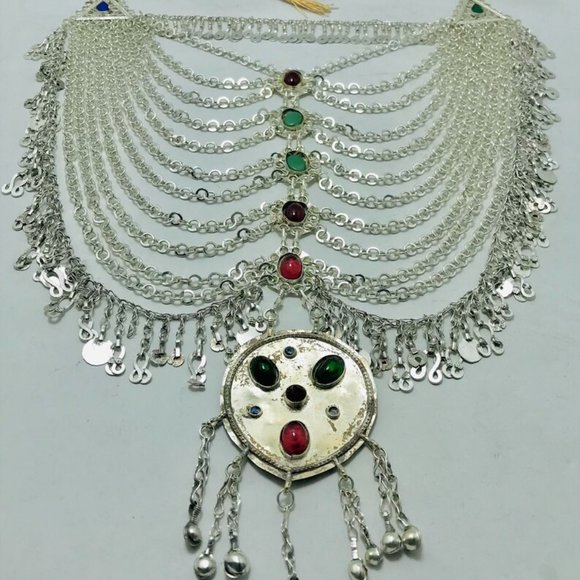 Multilayers Bib Necklace, Tribal Afghani Silver Kuchi Bib Necklace - Picture 5 of 13
